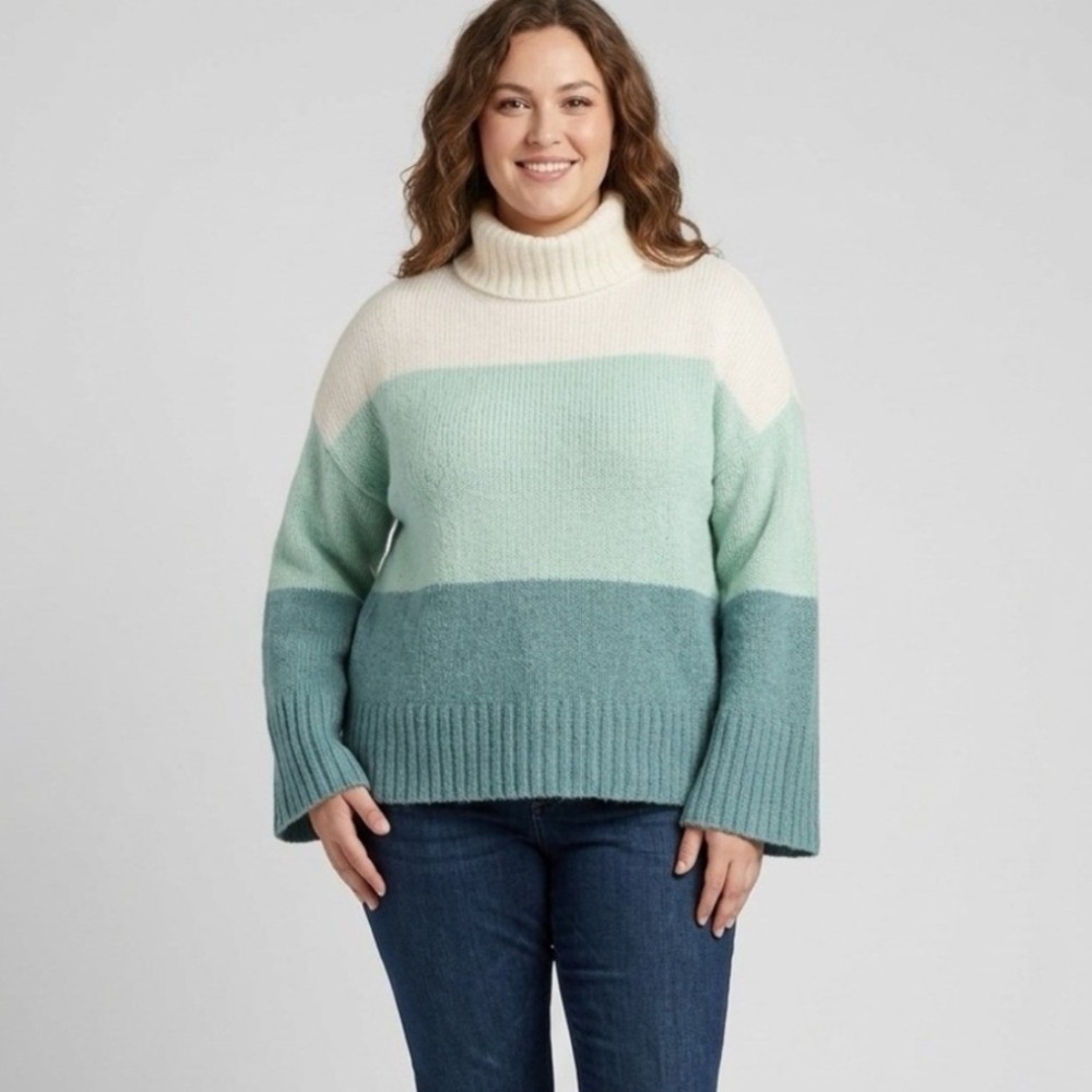 Ann Taylor Colorblock Turtleneck Wool Blend Sweater Green Cream Sz M Cozy